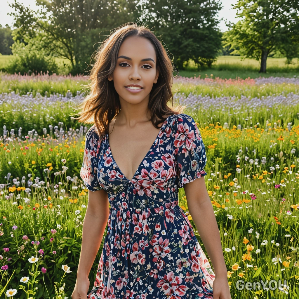 in a flowy floral dress, standing in the middle of a blooming meadow, with wildflowers and vibrant greenery all around, soft sunlight streaming through the trees, half body portrait