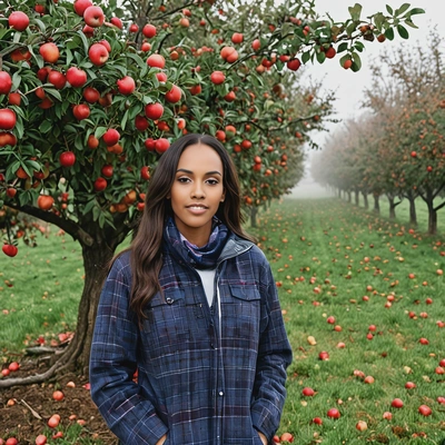 Graphic designer in apple orchard misty fall background
