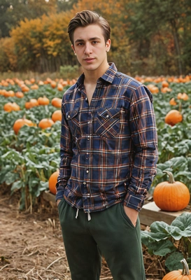 in a flannel shirt and joggers standing in a pumpkin patch. Sharp skin texture, soft lighting, blurred background.