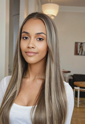 long, silky straight hair with ash blonde streaks and a center part, soft focus, blurred background