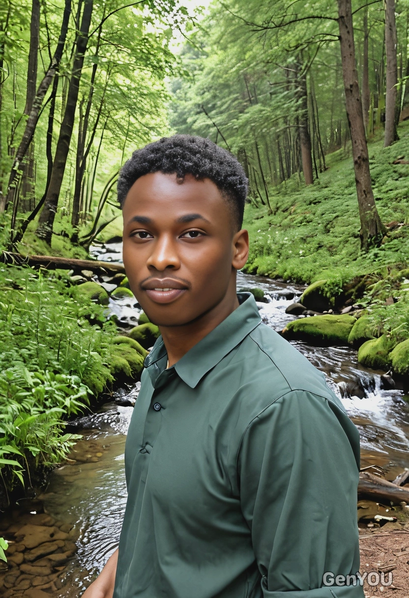 as a nature lover, standing in the forest, with a peaceful forest stream flowing nearby