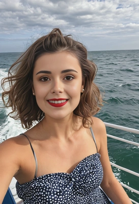 selfie-style shot, smiling, with beach waves, wearing a strapless sundress, on a ferry with the sea in the background