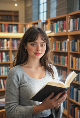 in a library, reading a book, with a glowing aura around her, blurred background
