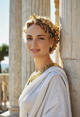 hyperralistic face skin texture details, A powerful Roman noblewoman in a white toga with golden brooches, standing among marble columns, laurel in hair, blurry  background, bright sun rays, long shadows