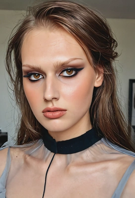 winged eyeliner, long hair, blouse, smoky eyes makeup, brown, symmetrical details