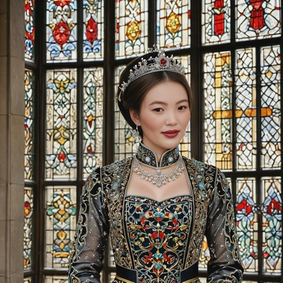 as a 16th-century Tudor courtier, dressed in an elaborately jeweled gown with a high collar, standing by a tall stained-glass window in a grand hall