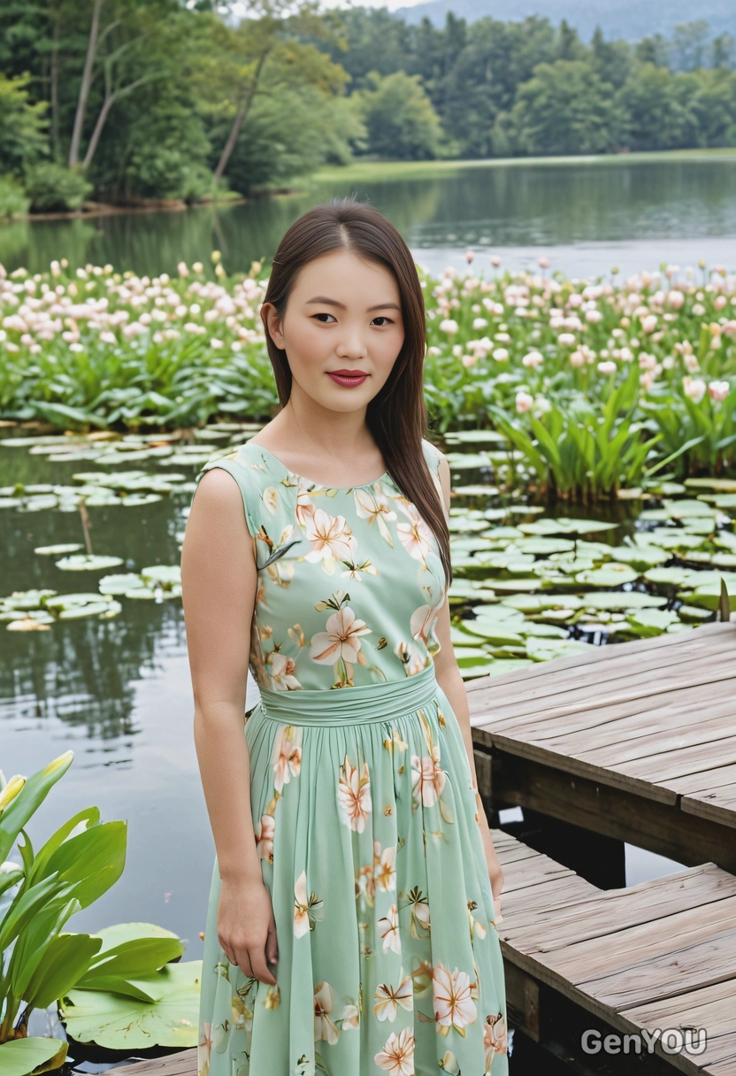 in a pastel-colored dress, standing near a wooden dock by a calm lake, surrounded by fresh greenery and blooming lily pads on the water, half body portrait 