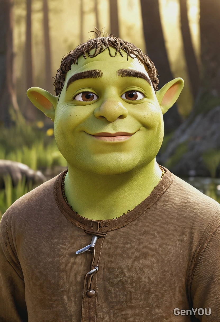 3D DreamWorks cartoon style, Shrek, wearing simple brown tunic, oversized cartoon big sparkling eyes, waist-up pose, swamp background