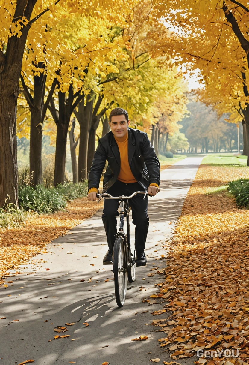 riding a vintage bicycle down a path lined with orange and yellow trees