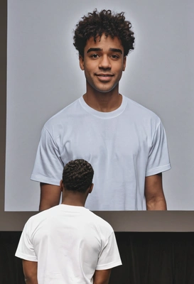 on stage, giving presentation, big screen with images, white t-shirt