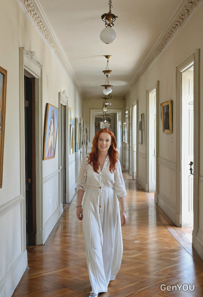 as a smiling woman, strolling through an art-filled corridor of a mansion