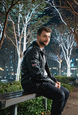 sitting on a bench in a cyberpunk park, illuminated by glowing trees