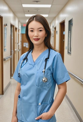 as a nurse in a light blue scrub set with a stethoscope around the neck, standing in a busy hospital hallway, ready to attend to patients with a caring smile