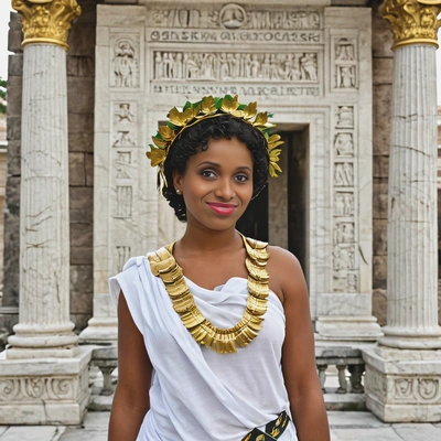As a Roman goddess, wearing a toga with golden laurel wreaths, standing on a marble platform with a grand, ancient temple behind