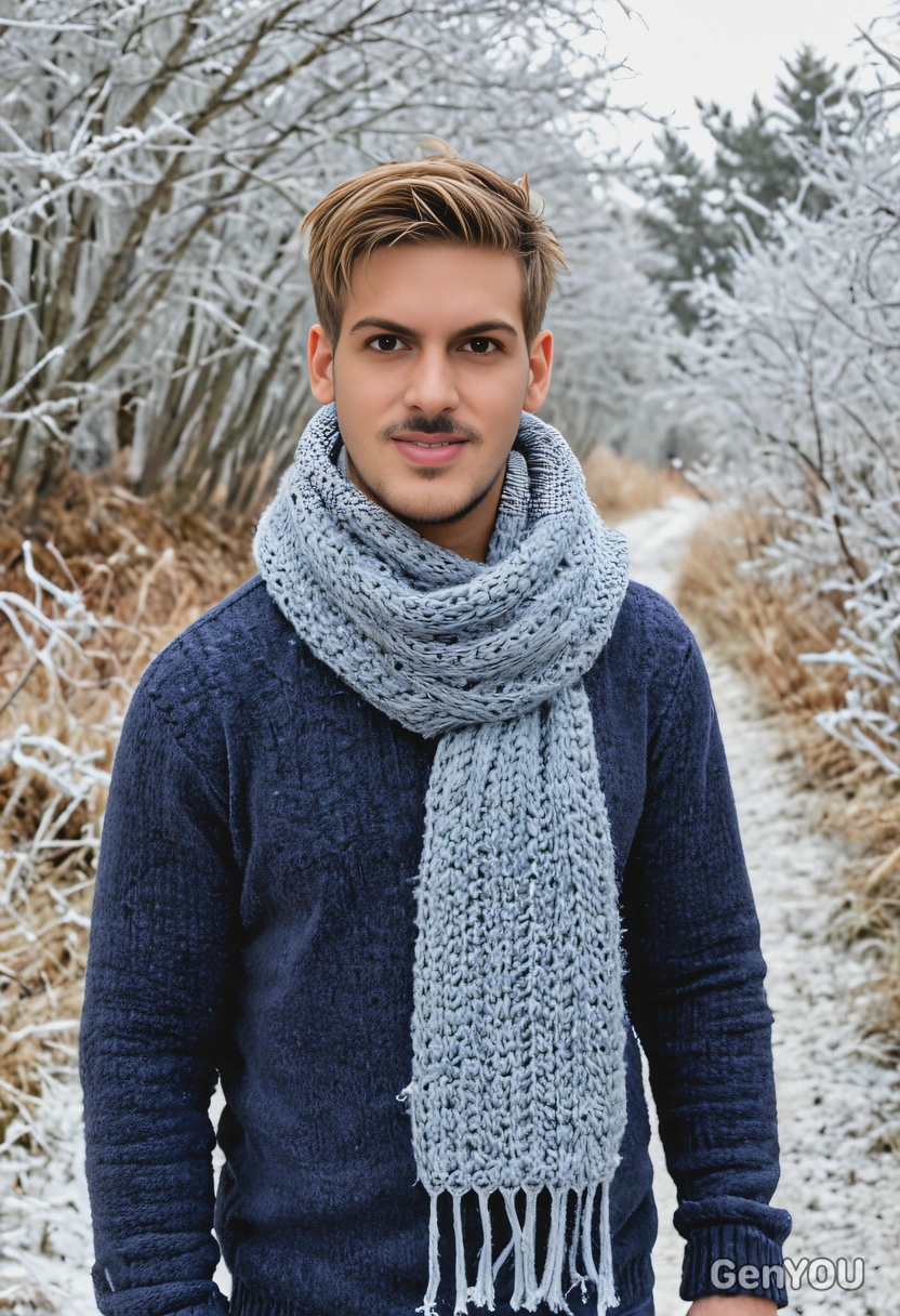 in a wool scarf, walking on a frost-covered path