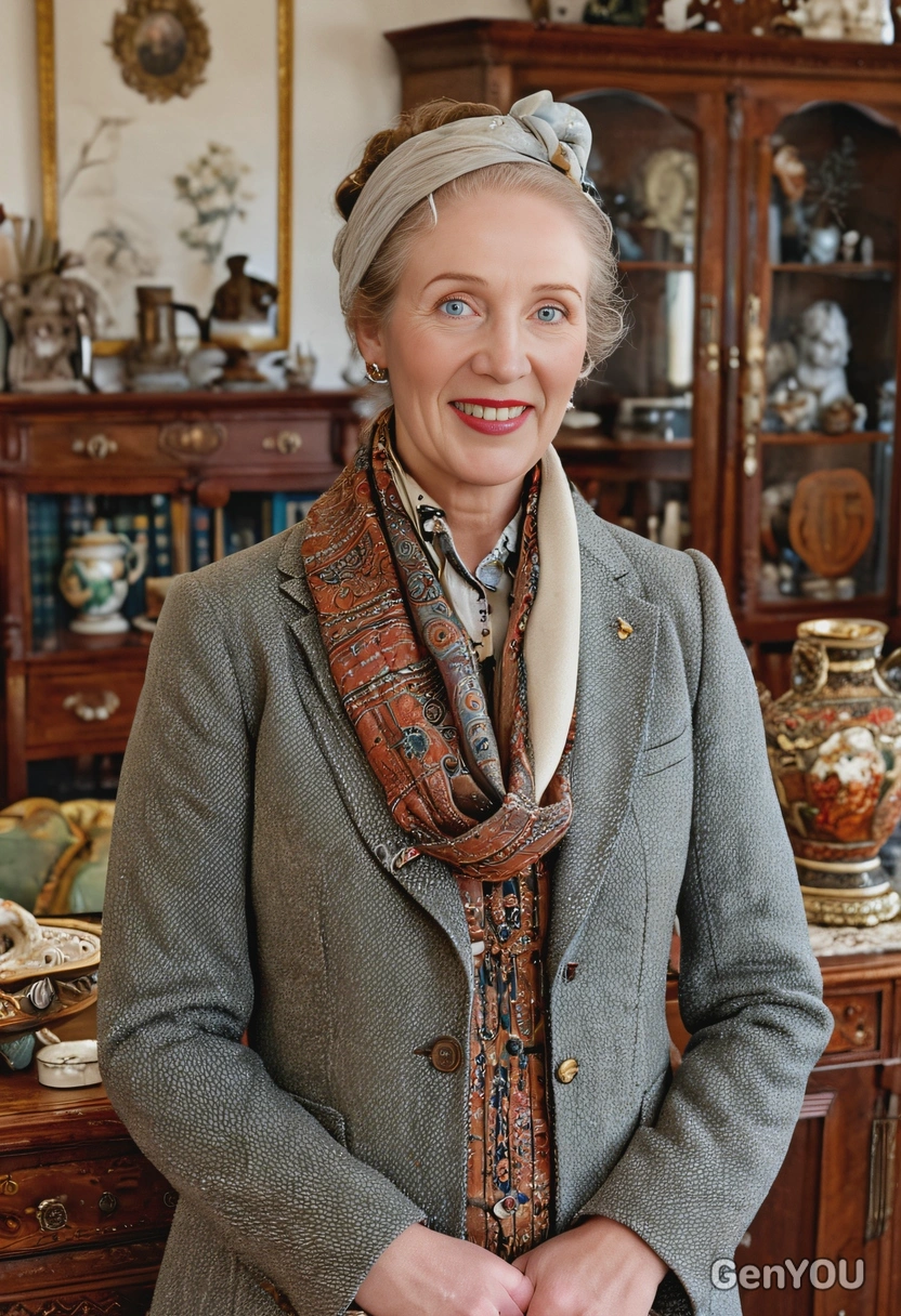 as an antique dealer, wearing a vintage tweed blazer with elbow patches and a silk scarf, richly decorated room filled with antique furniture and ornate artifacts, half body view