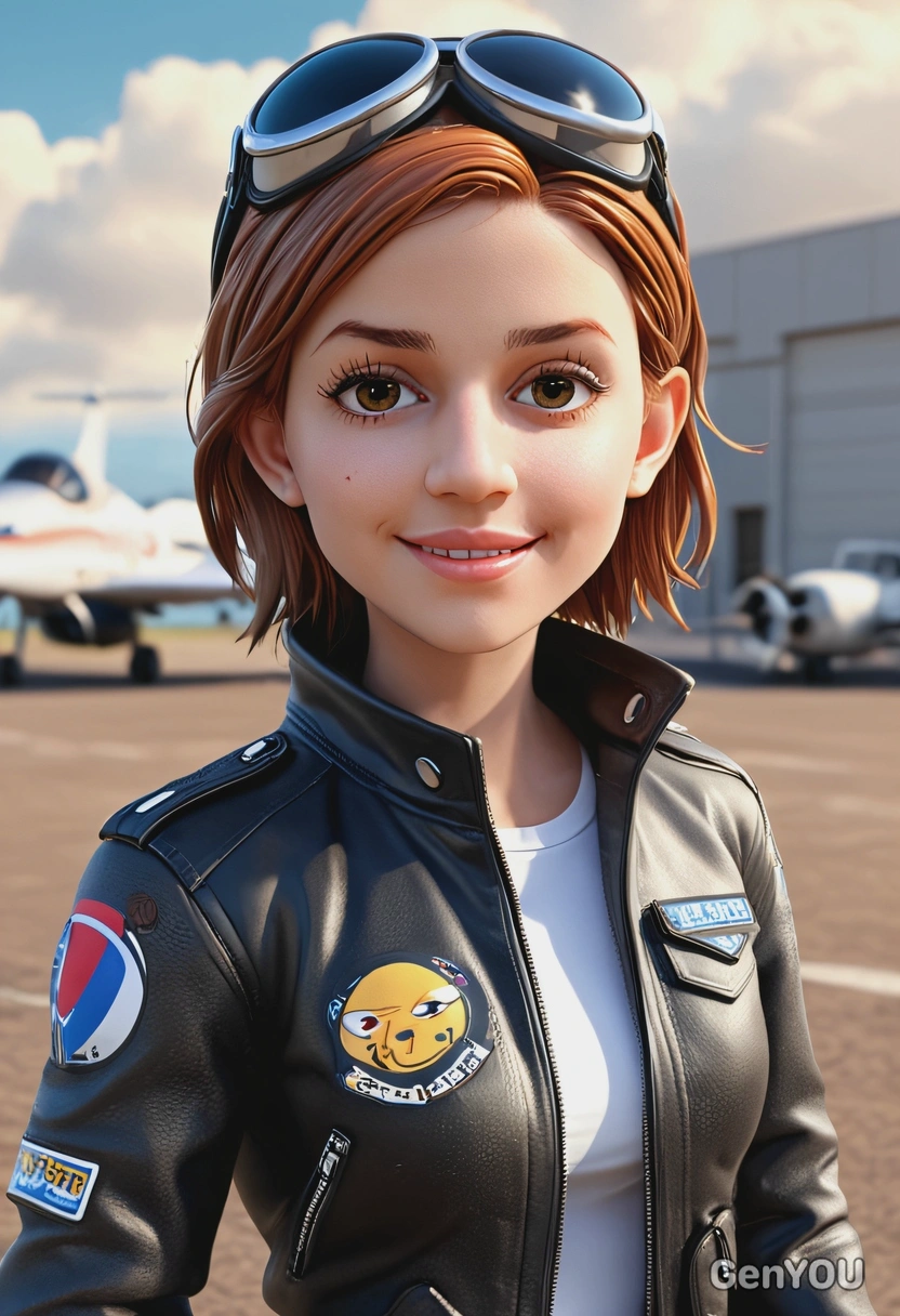 3D cartoon style, adventurous female pilot in leather jacket, oversized cartoon big sparkling eyes, waist-up pose, sunny airfield background