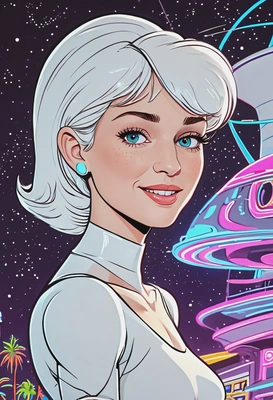 Hand-drawn flat cartoon style, Judy Jetson from The Jetsons, retro outlines, dots eyes, neon futuristic lighting, waist-up portrait, space apartment background