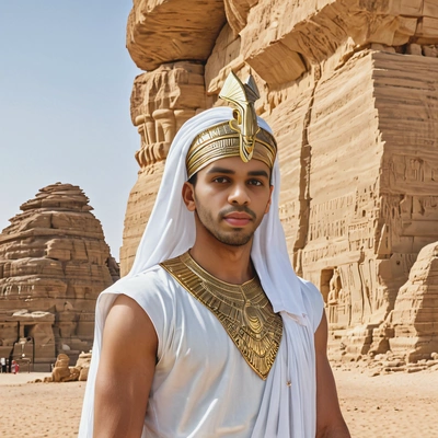 As an ancient Egyptian goddess, wearing a gold headdress and flowing white gown, stand beside towering sandstone pyramids under a clear desert sky