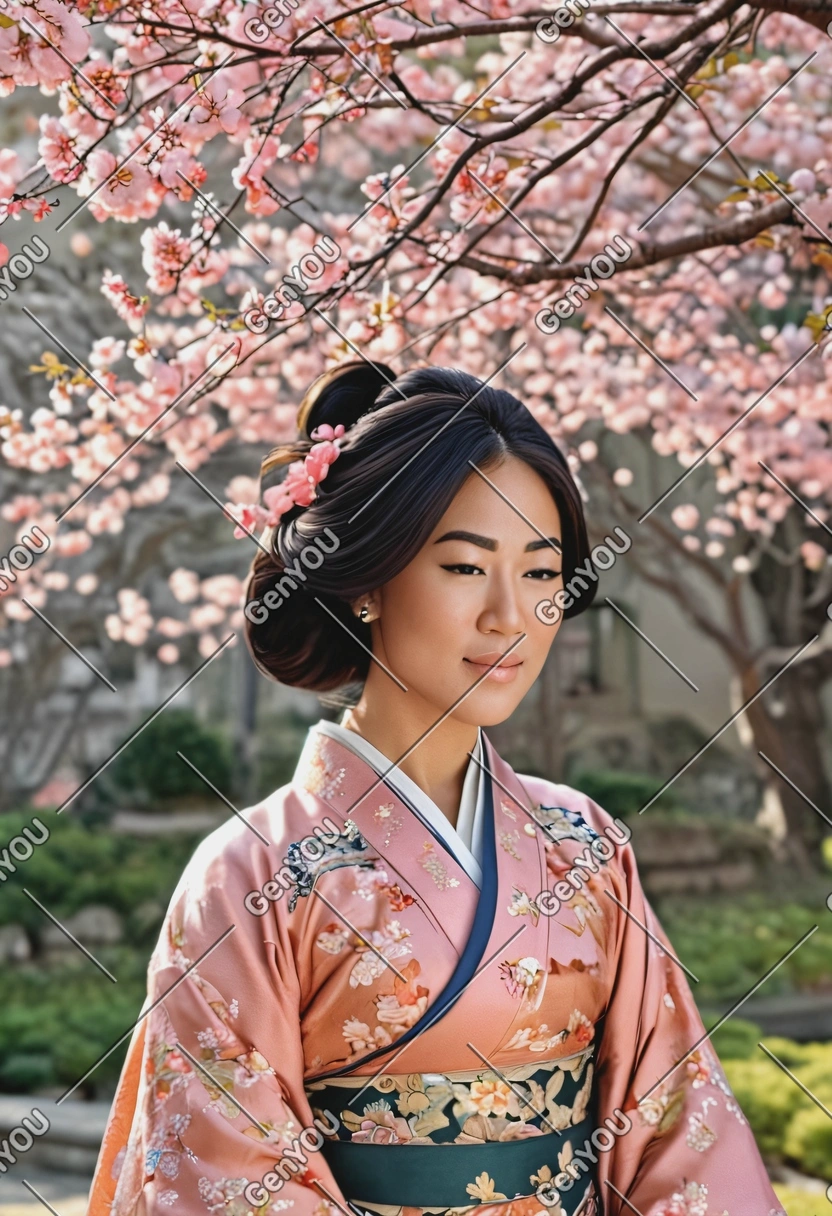 sharp skin texture details, A divine Japanese empress from the 7th century, wearing layered court robes (junihitoe) in soft silks and rich colors, adorned with delicate floral embroidery. Her long, straight black hair flows freely, and her expression is serene yet commanding. She stands in a palace garden framed by blossoming cherry trees, with paper lanterns glowing softly behind her. The atmosph