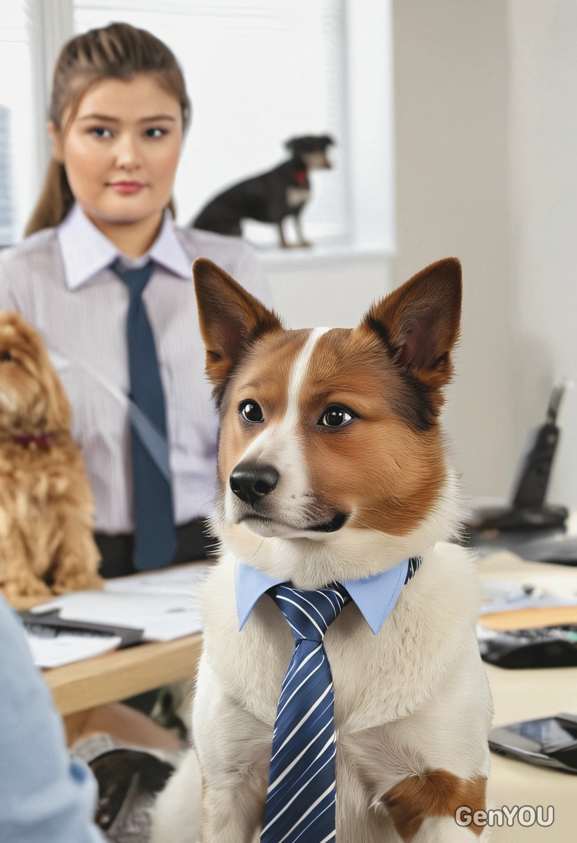 at my desk with a dog in a tie sitting beside me, work meeting, blurred background