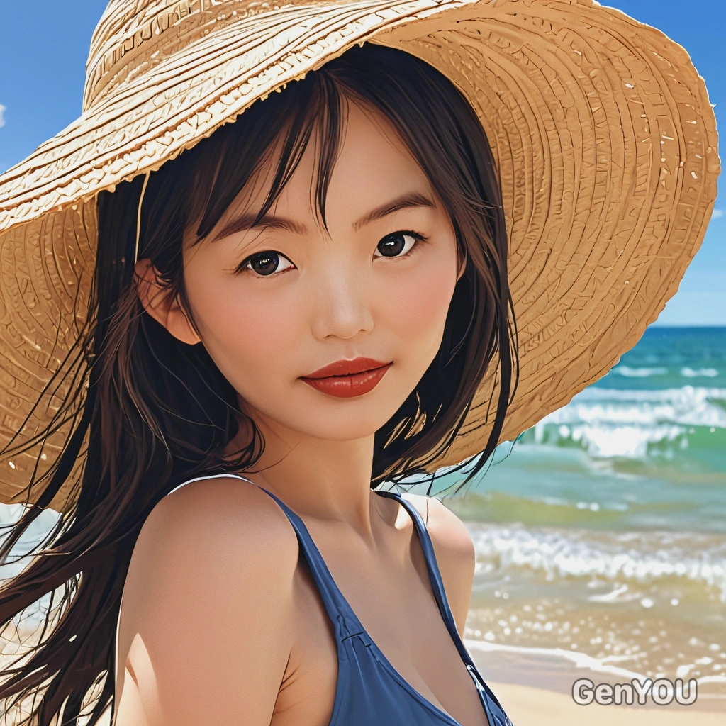 on a sunny beach with a large sun hat, anime style, big eyes, manga drawing