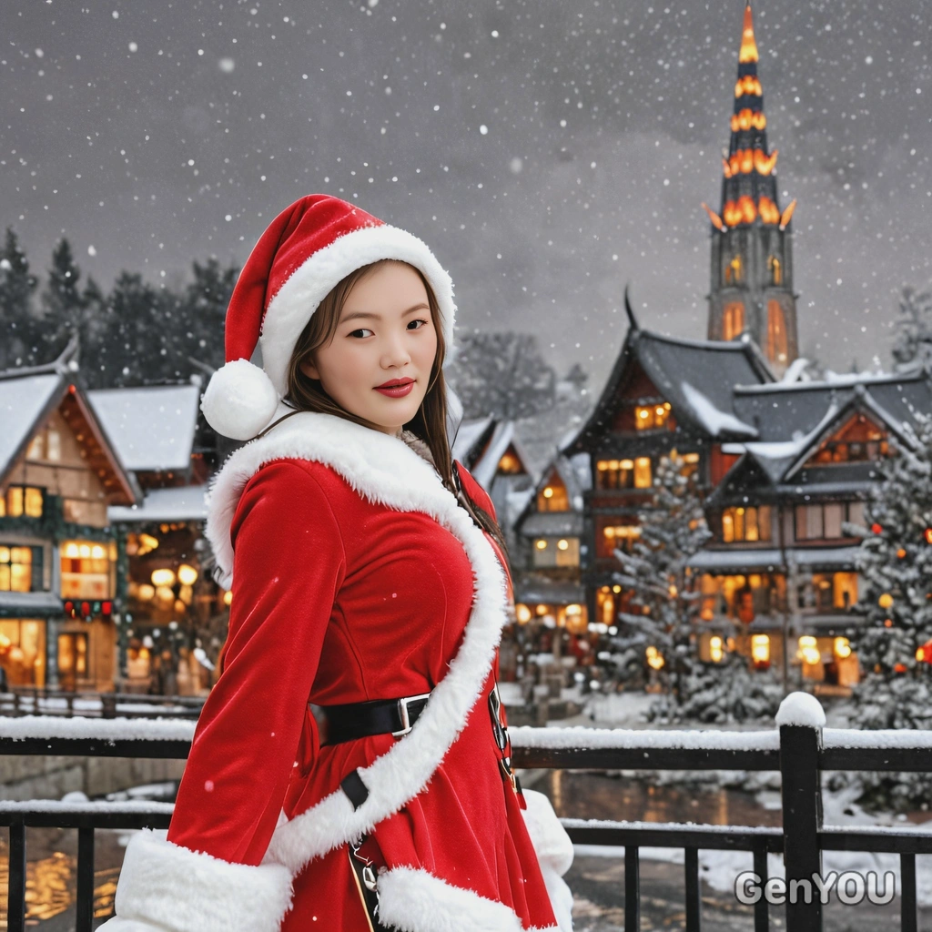 wearing a bright red elf costume and a pointy hat, snowy christmas city background