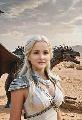 as Daenerys Targaryen, her silver hair flowing, in the deserts outside Meereen, her dragon roars behind her
