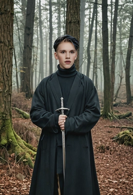 as Kim Shin (Goblin) from Guardian: The Lonely and Great God, dressed in a long dark coat and turtleneck sweater, holding a sword in a mystical forest setting.