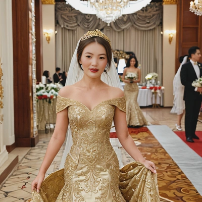 As a bride in a golden dress with intricate embroidery, walking down the aisle of a luxurious ballroom wedding, half body