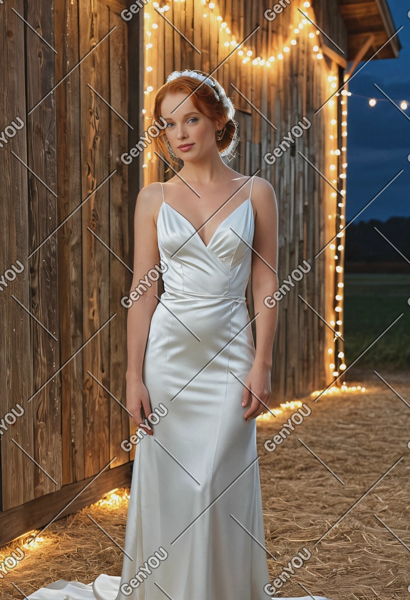 as a bride in a minimalist satin gown, standing by a rustic barn decorated with string lights, mid shot photo
