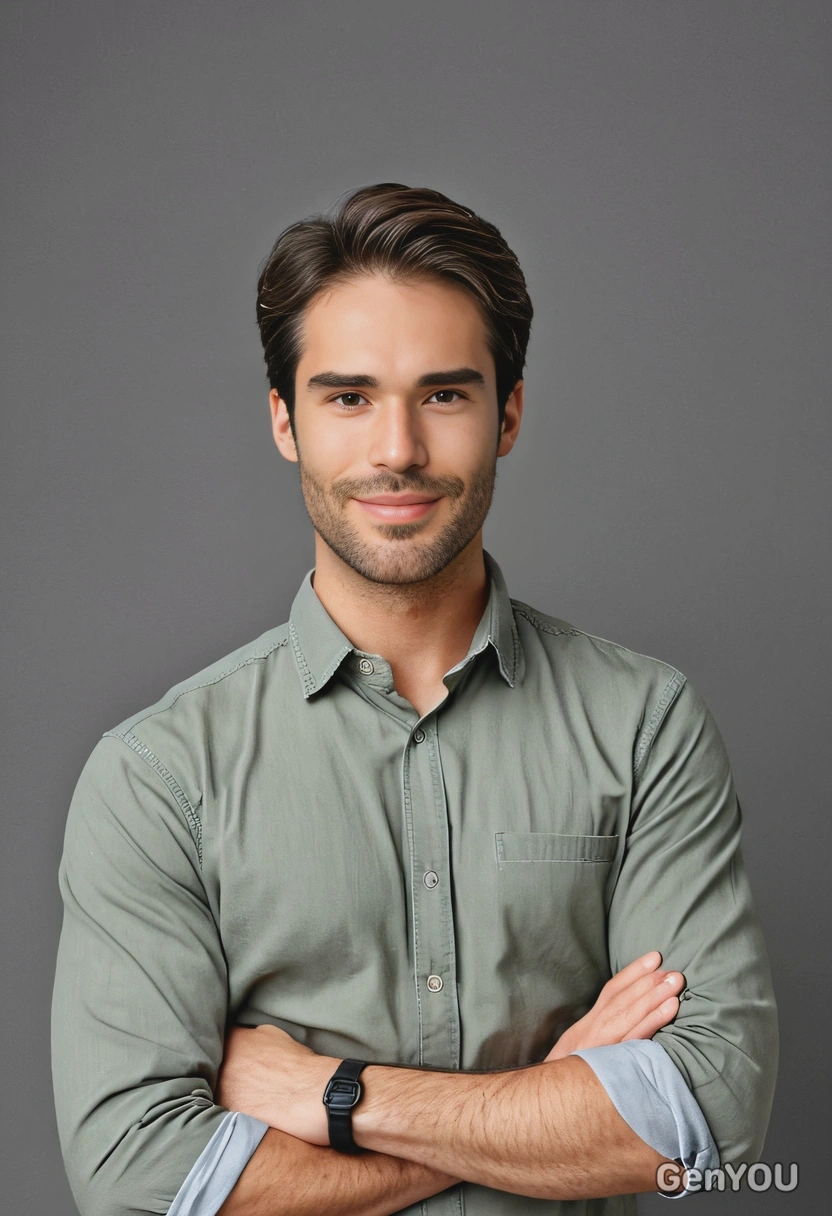 standing against a grey background, hands loosely clasped together in a lock at waist level, pose is relaxed, neutral and natural demeanor, short hair, centered image, professional worker,