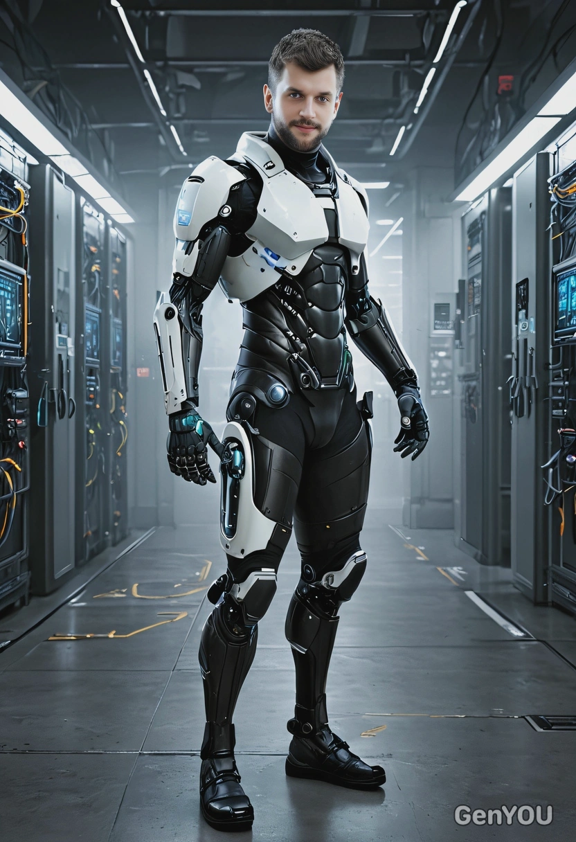 A cyberpunk hacker with a cybernetic hand and  infiltrating a secure facility, surrounded by glowing digital interfaces and high-tech security systems, full body view 