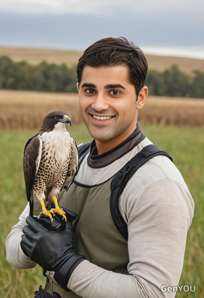 with a falcon perched on his gloved hand in a field, soft focus, blurred background 