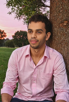 as a smiling man, sitting and dreaming near a tree, pink sunset