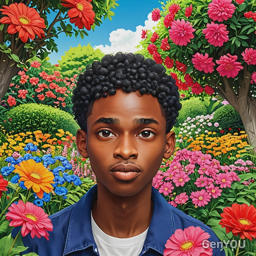 in a garden with vibrant flowers, anime style, big eyes, manga drawing