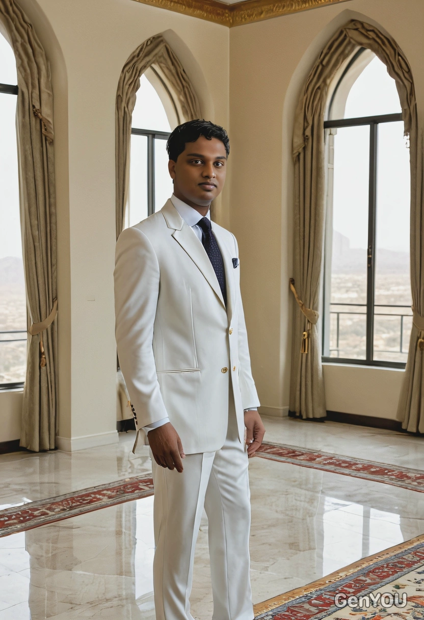 standing by a floor-to-ceiling window in a grand room, in silk white suit