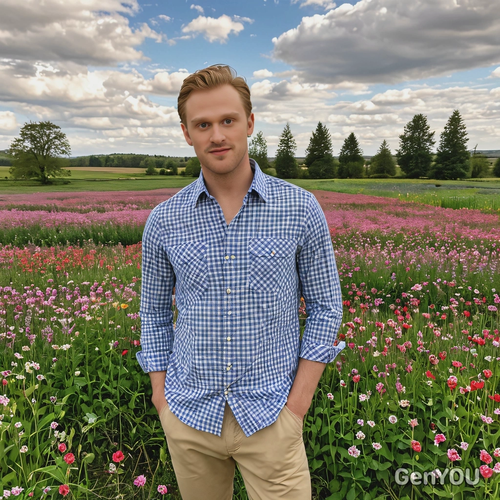 wearing a light plaid shirt and chinos, standing in the countryside, with rolling fields of wildflowers under a bright spring sky