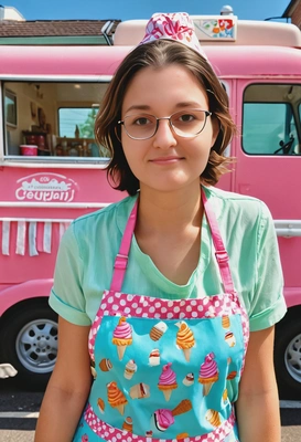 as an ice cream woman, ice cream van behind, apron, smiling, ice cream in hand, vivid colors, looking directly into the camera, symmetrical clothing details, cartoon style, high-quality stylized art,