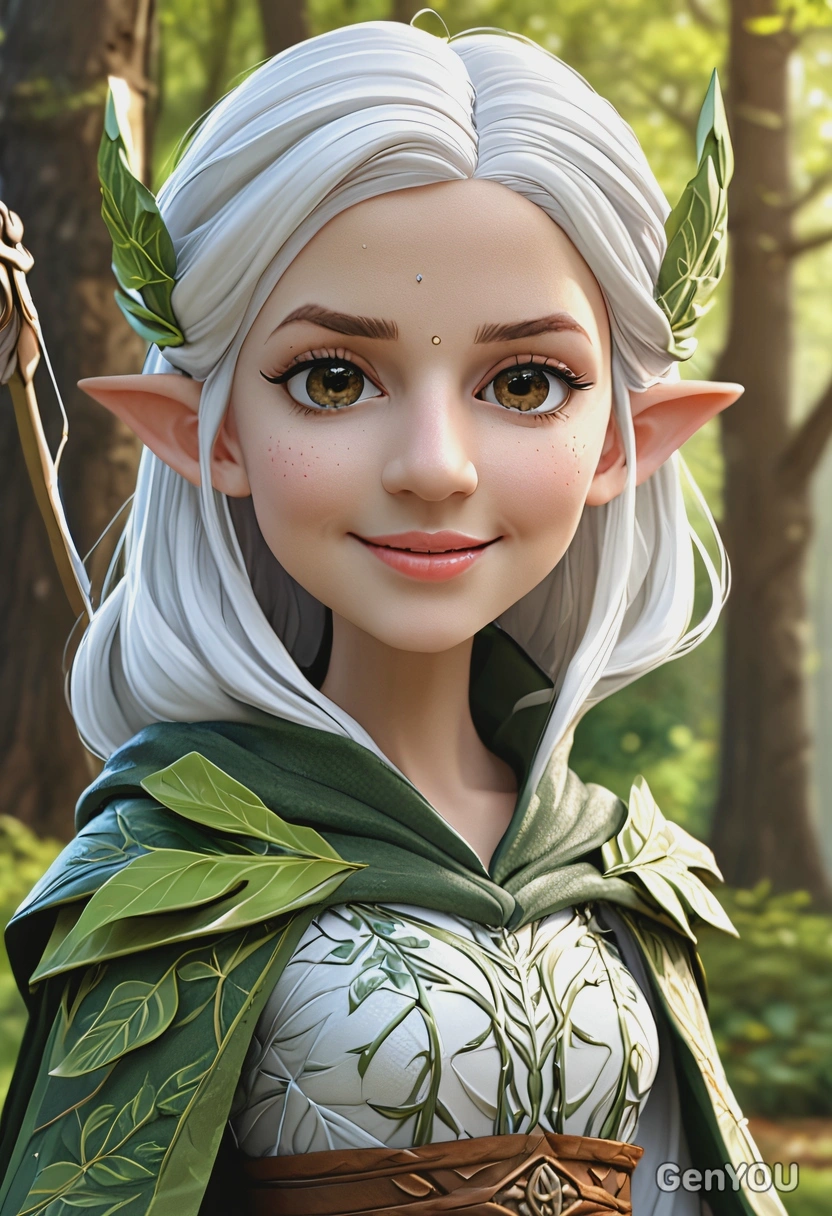 3D cartoon style, elven archer with leaf-patterned cloak, oversized cartoon big sparkling eyes, close-up portrait, enchanted forest background