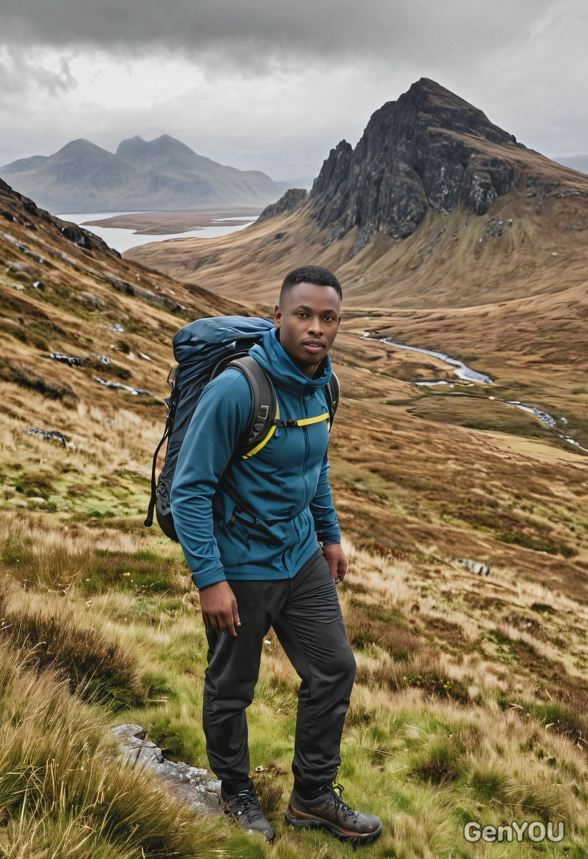 As a hiker, walking around the hills of Isle of Skye in Scotland, full body view 