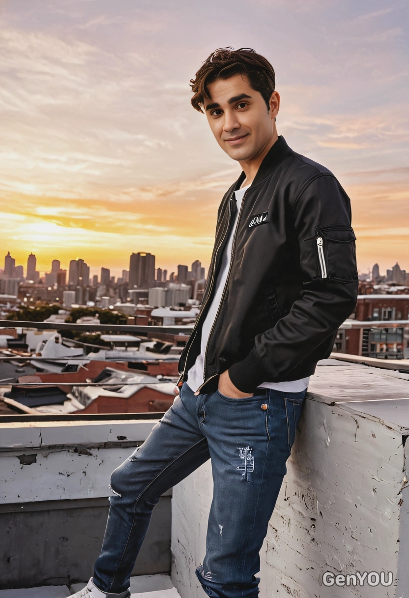 as Chanyeol from EXO, in a black bomber jacket and jeans, in an urban rooftop setting with sunset in the background