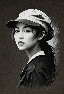 in a cap, charcoal painting, high contrast, paper texture, silhouette