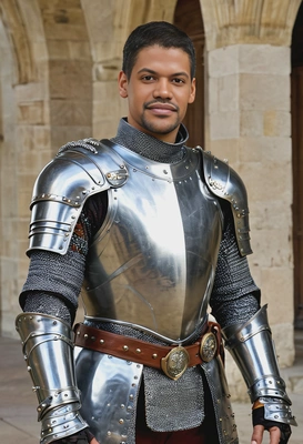 as a medieval knight, dressed in shining armor by your side inside the royal court