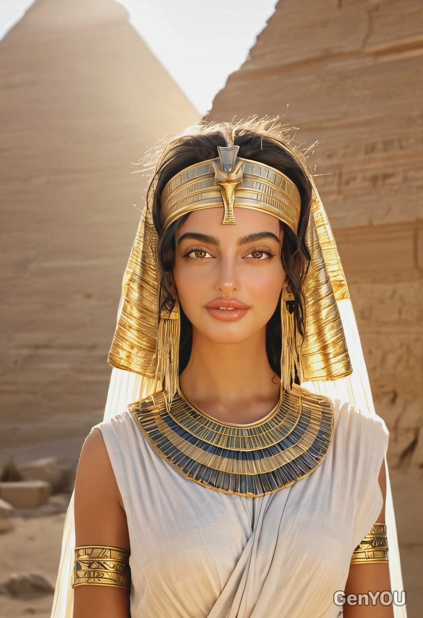 Ancient Egypt era, Egyptian Queen with gold headdress, kohl-lined eyes, pleated linen dress, blurry pyramides on the background, bright sun rays, long shadows