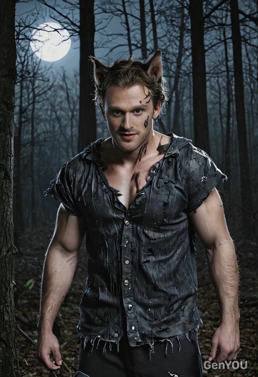 dressed as a werewolf in ripped clothing, standing in a dark forest with glowing eyes under a full moon