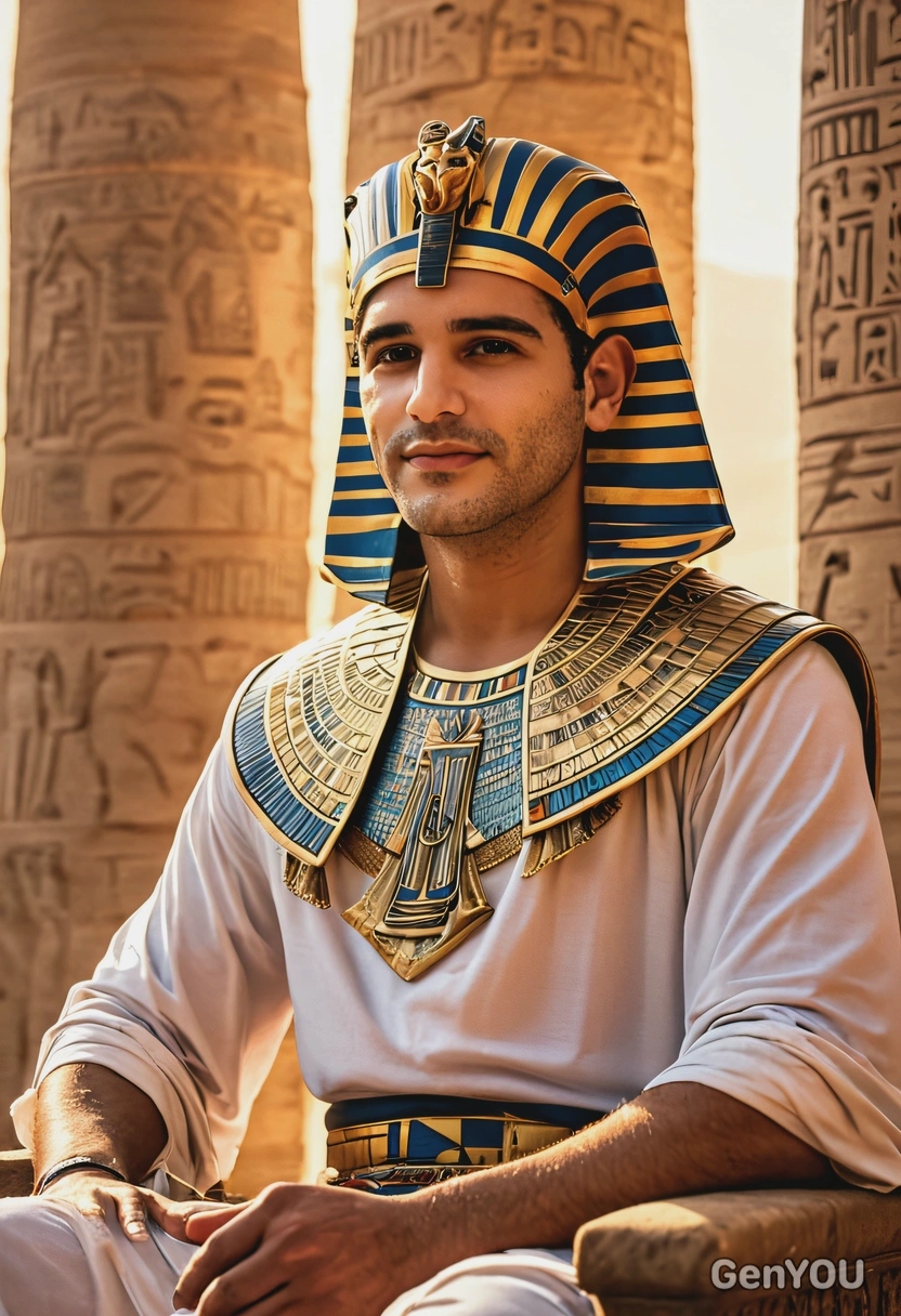 Ancient Egypt, Royal Pharaoh with nemesis crown, detailed collar, robe, sitting on the throne, blurry ancient egyptian temple background, sunset sun rays from the window, natural colors