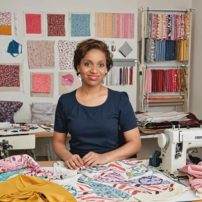 as a fashion designer, with fabric samples and sewing machines in the background