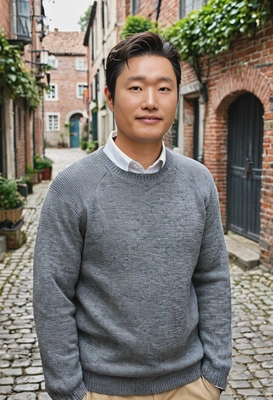 standing in a quiet cobblestone street, grey jumper, old brick buildings, ivy-covered walls, cinematographic style, blurry background, professional filming, smiling 