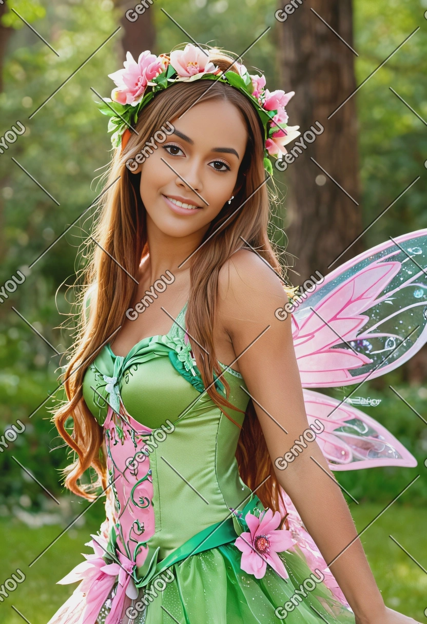 as Flora from Winx Club, with long chestnut hair and a floral headband, dressed in her green and pink fairy costume with nature-inspired sparkling wings, soft focus, blurred background